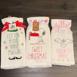 NWT Rae Dunn Holiday Christmas 2pc Kitchen Towel Set elf/peanuts/season to spark